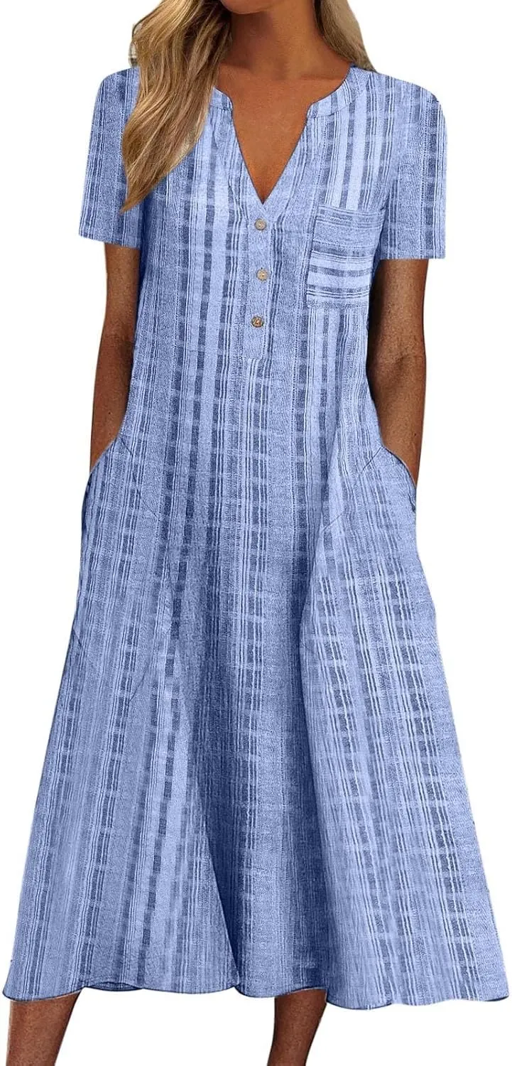 Women Casual Summer Stripe Button V Neck Sleeveless Pocket Holiday Dress Floral Sundress Midi Dress