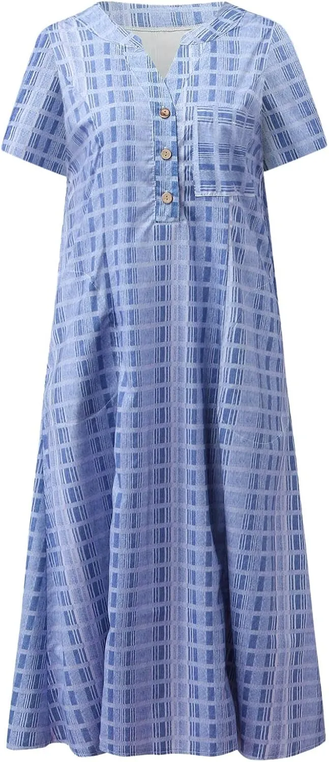 Women Casual Summer Stripe Button V Neck Sleeveless Pocket Holiday Dress Floral Sundress Midi Dress