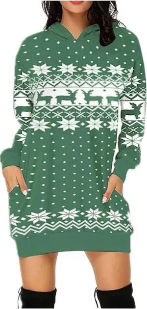 Women Christmas Hooded Sweatershirts Fall Long Sleeve Comfort Warm Oversized Hoodies Pullover Jumper Dress with Pockets