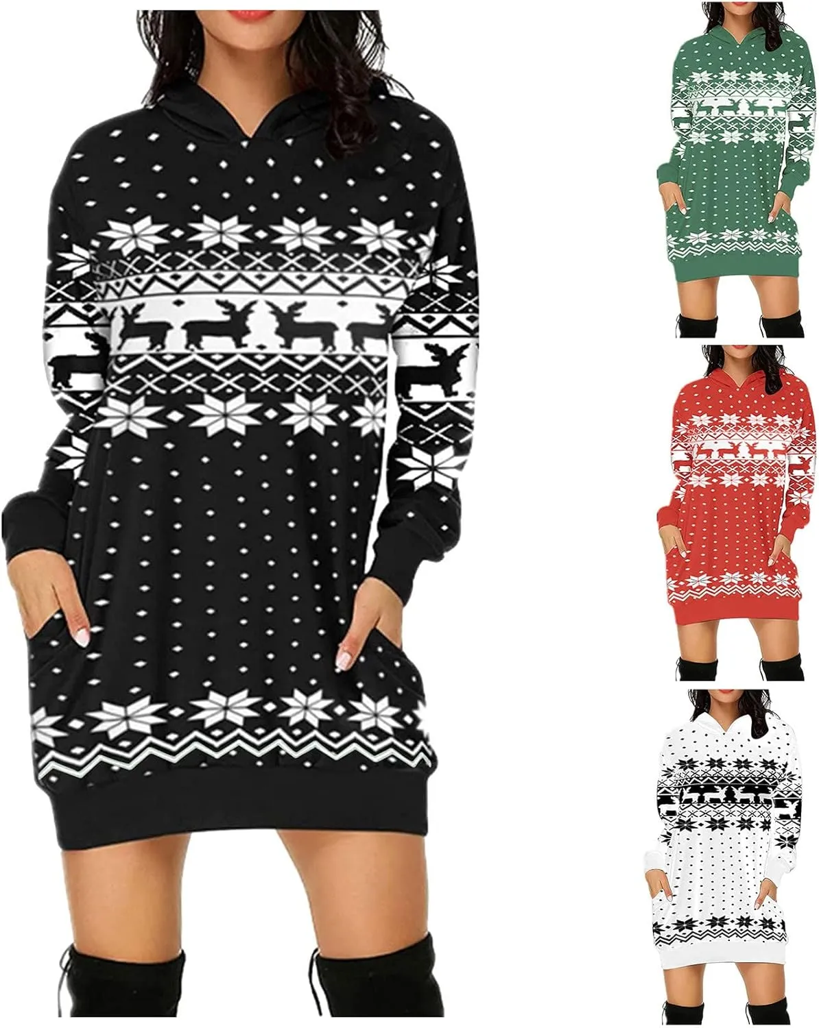 Women Christmas Hooded Sweatershirts Fall Long Sleeve Comfort Warm Oversized Hoodies Pullover Jumper Dress with Pockets