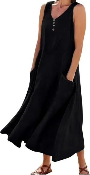 Women Cotton Linen Summer Dresses 2024 Trendy Maxi Dress Flowy Sleeveless Long Sundresses Boho Casual Vacation Clothes