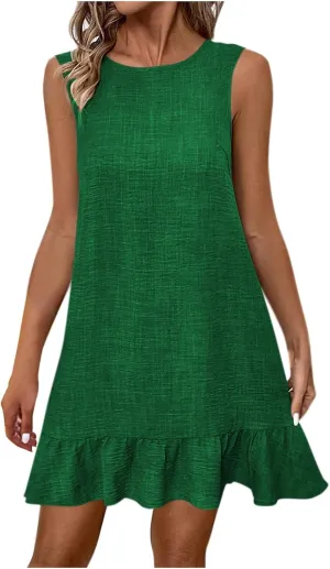 Women Crewneck Sleeveless Ruffle Dress Flounce Smock Sundress 2025 Trendy Casual Summer Boho Beach Tank Dresses