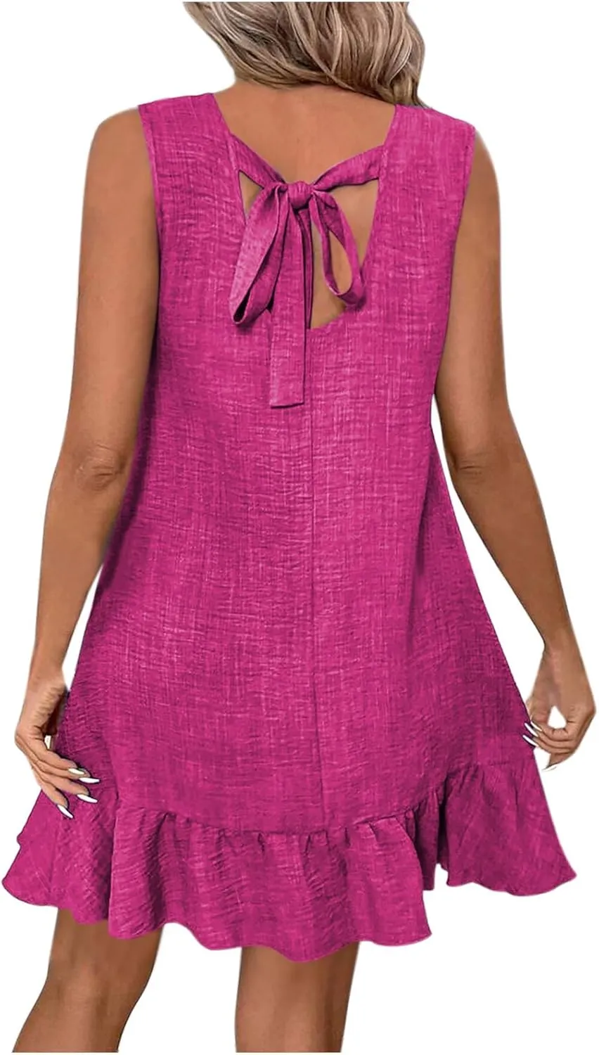 Women Crewneck Sleeveless Ruffle Dress Flounce Smock Sundress 2025 Trendy Casual Summer Boho Beach Tank Dresses