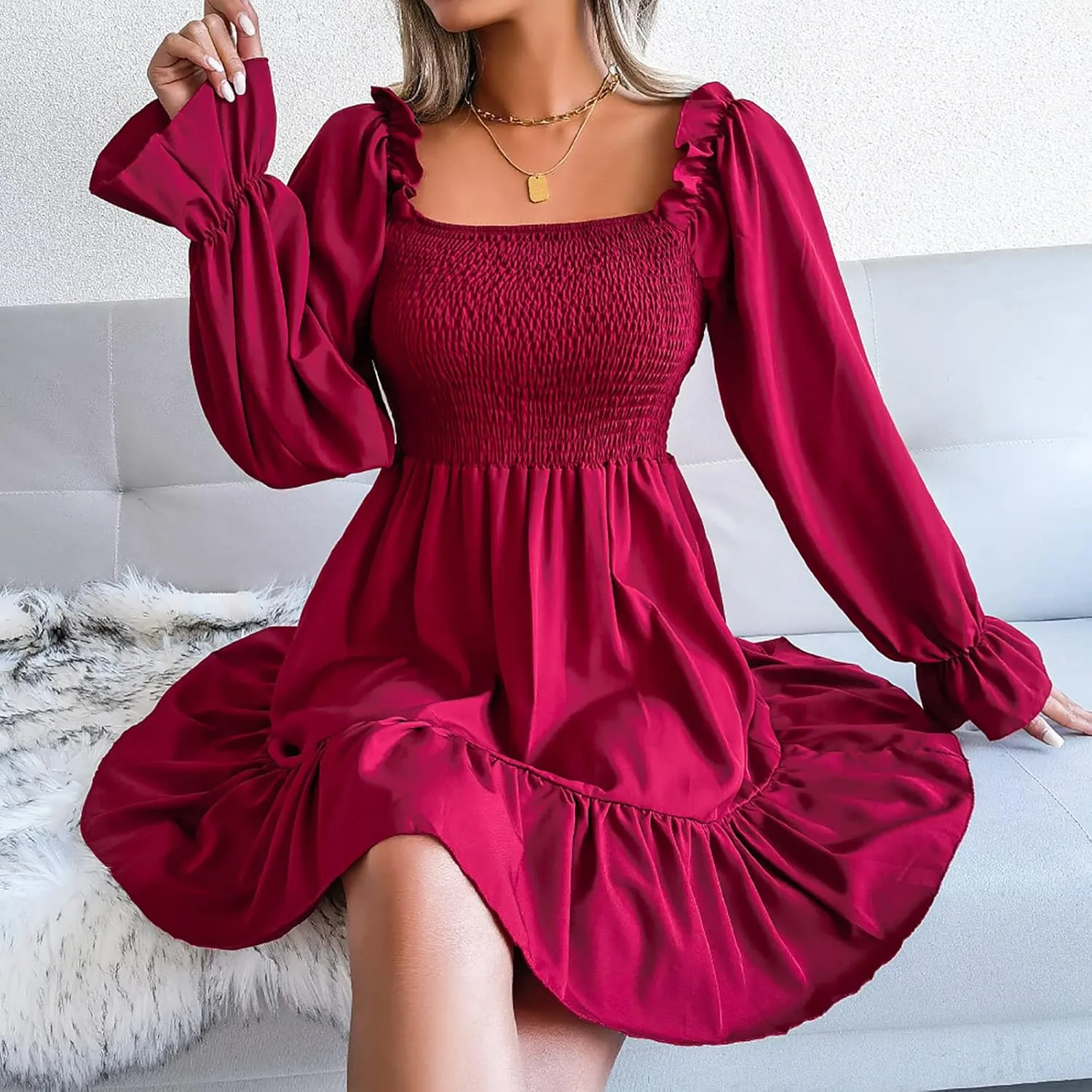 Women Fall Dresses Long Lantern Sleeve Square Neck Ruffle Elastic Waist Casual Mini Dress Flowy Short Dresses