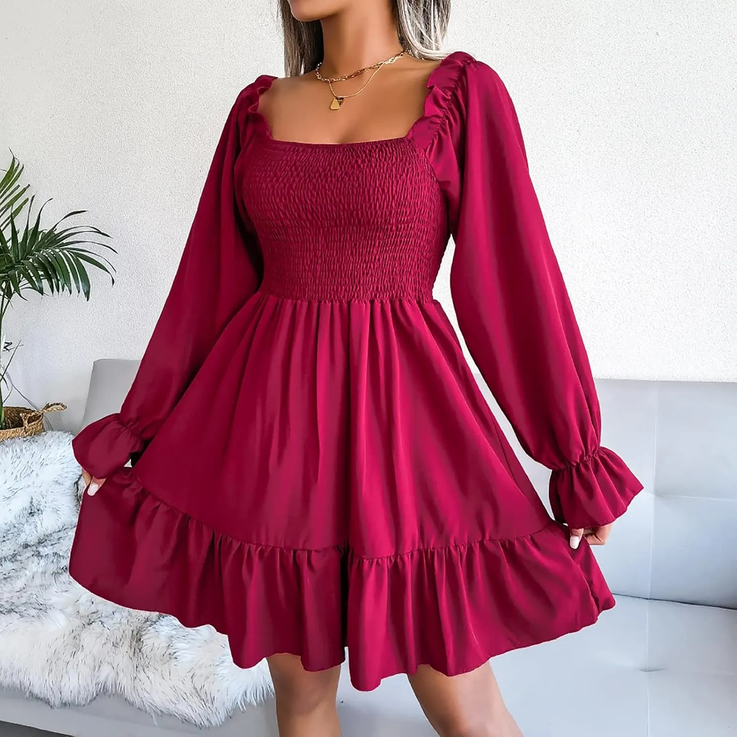 Women Fall Dresses Long Lantern Sleeve Square Neck Ruffle Elastic Waist Casual Mini Dress Flowy Short Dresses
