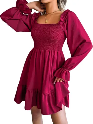 Women Fall Dresses Long Lantern Sleeve Square Neck Ruffle Elastic Waist Casual Mini Dress Flowy Short Dresses