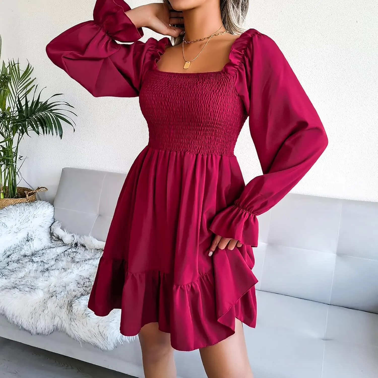 Women Fall Dresses Long Lantern Sleeve Square Neck Ruffle Elastic Waist Casual Mini Dress Flowy Short Dresses