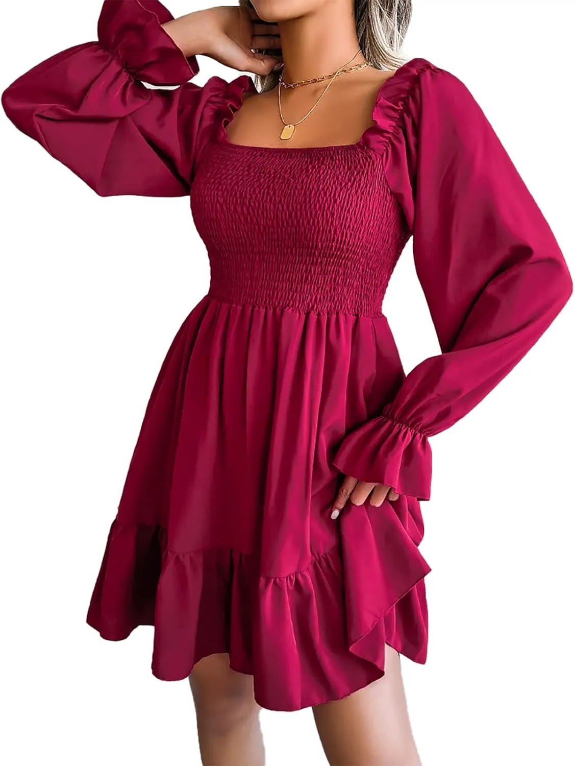 Women Fall Dresses Long Lantern Sleeve Square Neck Ruffle Elastic Waist Casual Mini Dress Flowy Short Dresses