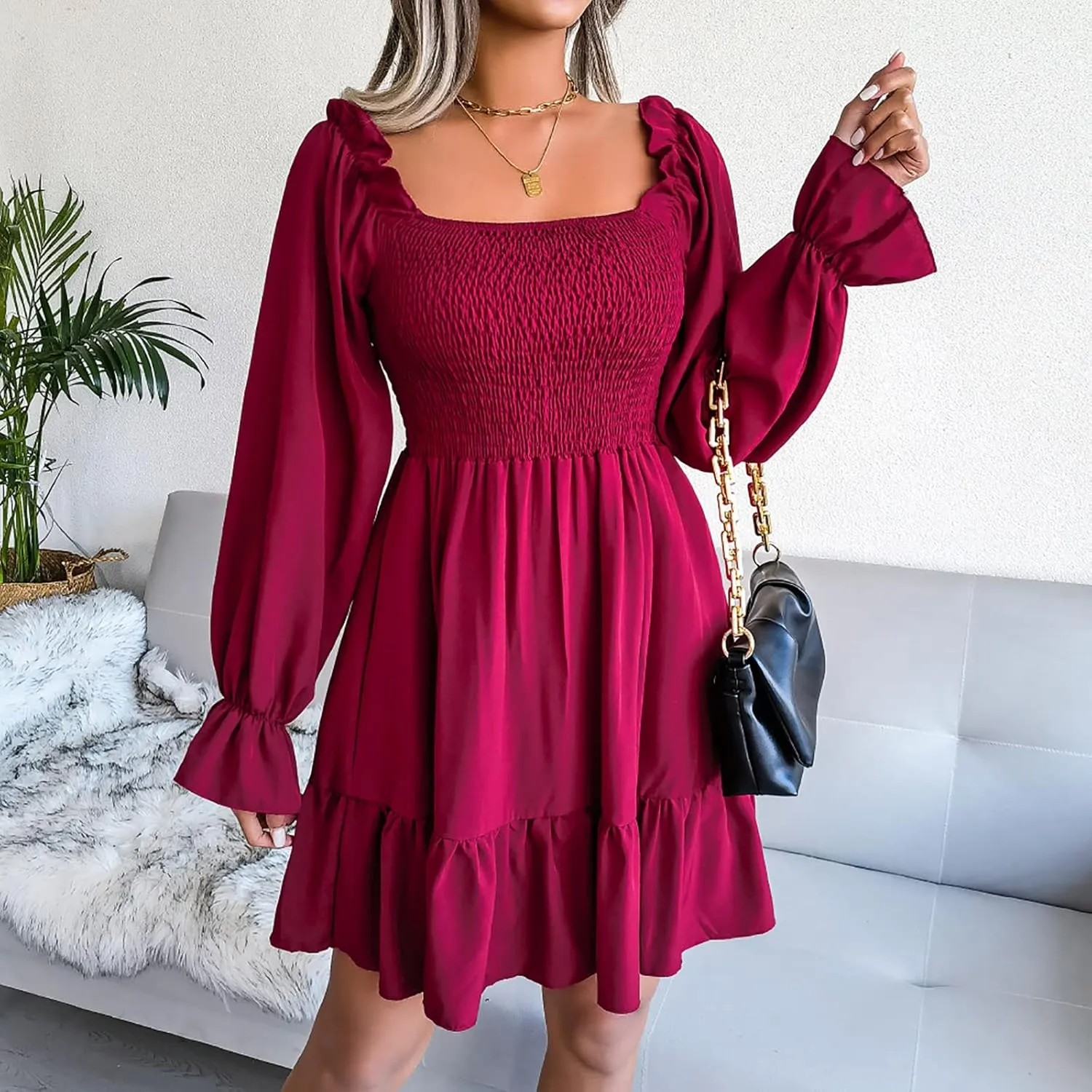 Women Fall Dresses Long Lantern Sleeve Square Neck Ruffle Elastic Waist Casual Mini Dress Flowy Short Dresses