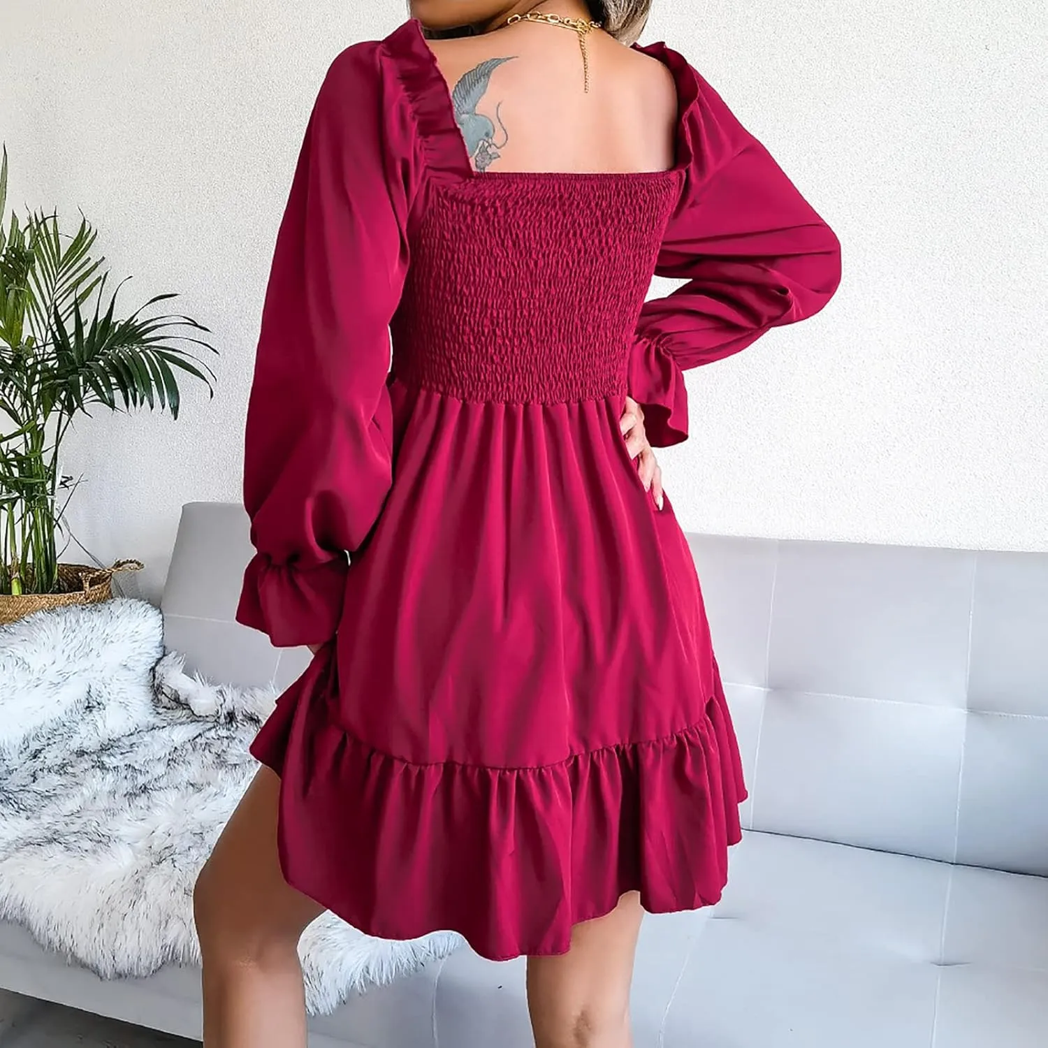 Women Fall Dresses Long Lantern Sleeve Square Neck Ruffle Elastic Waist Casual Mini Dress Flowy Short Dresses