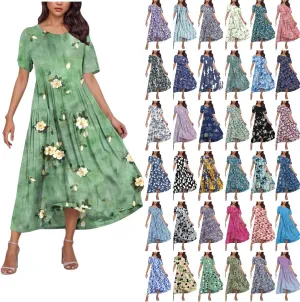 Women Floral Boho Dresses Casual Loose Flowy Sundress Short Sleeve Long Maxi 2025 Summer Beach Swing Dress