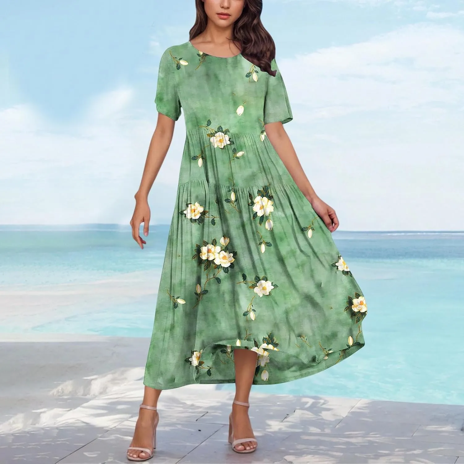 Women Floral Boho Dresses Casual Loose Flowy Sundress Short Sleeve Long Maxi 2025 Summer Beach Swing Dress