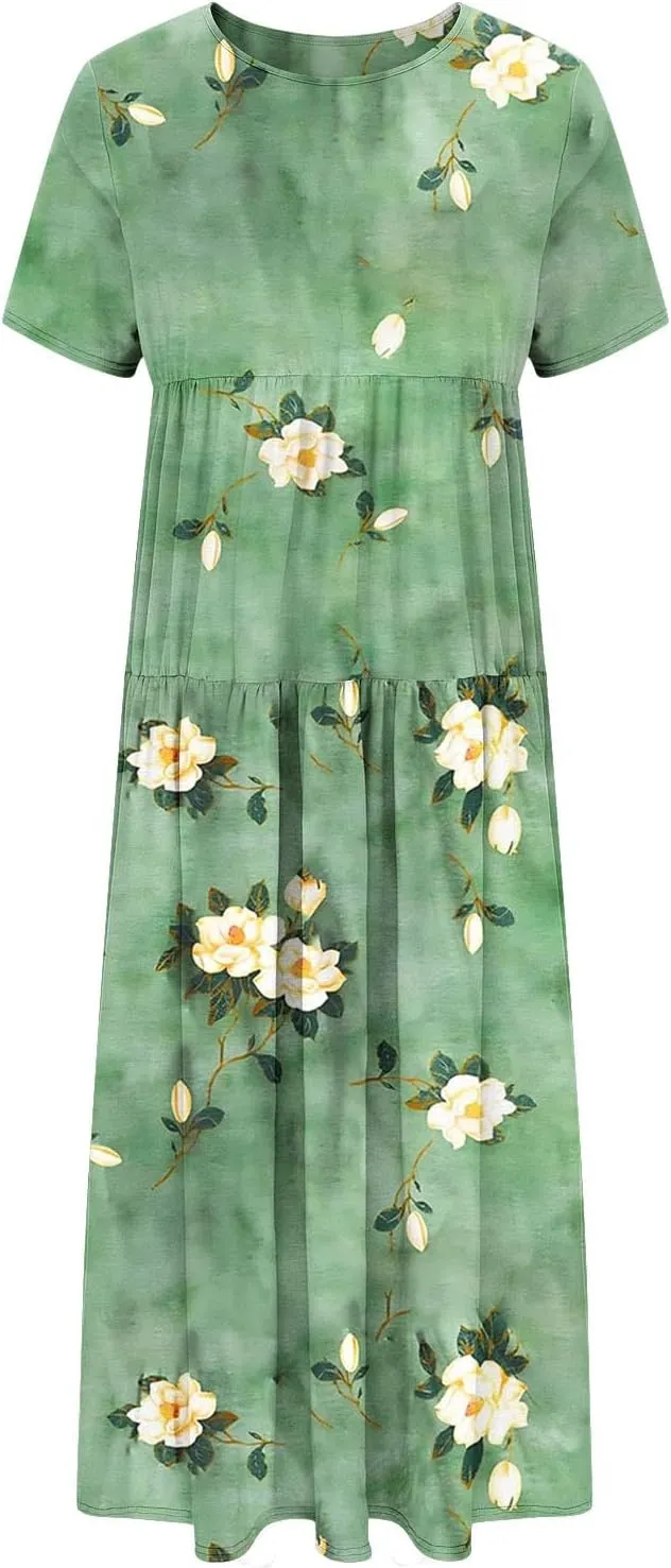 Women Floral Boho Dresses Casual Loose Flowy Sundress Short Sleeve Long Maxi 2025 Summer Beach Swing Dress