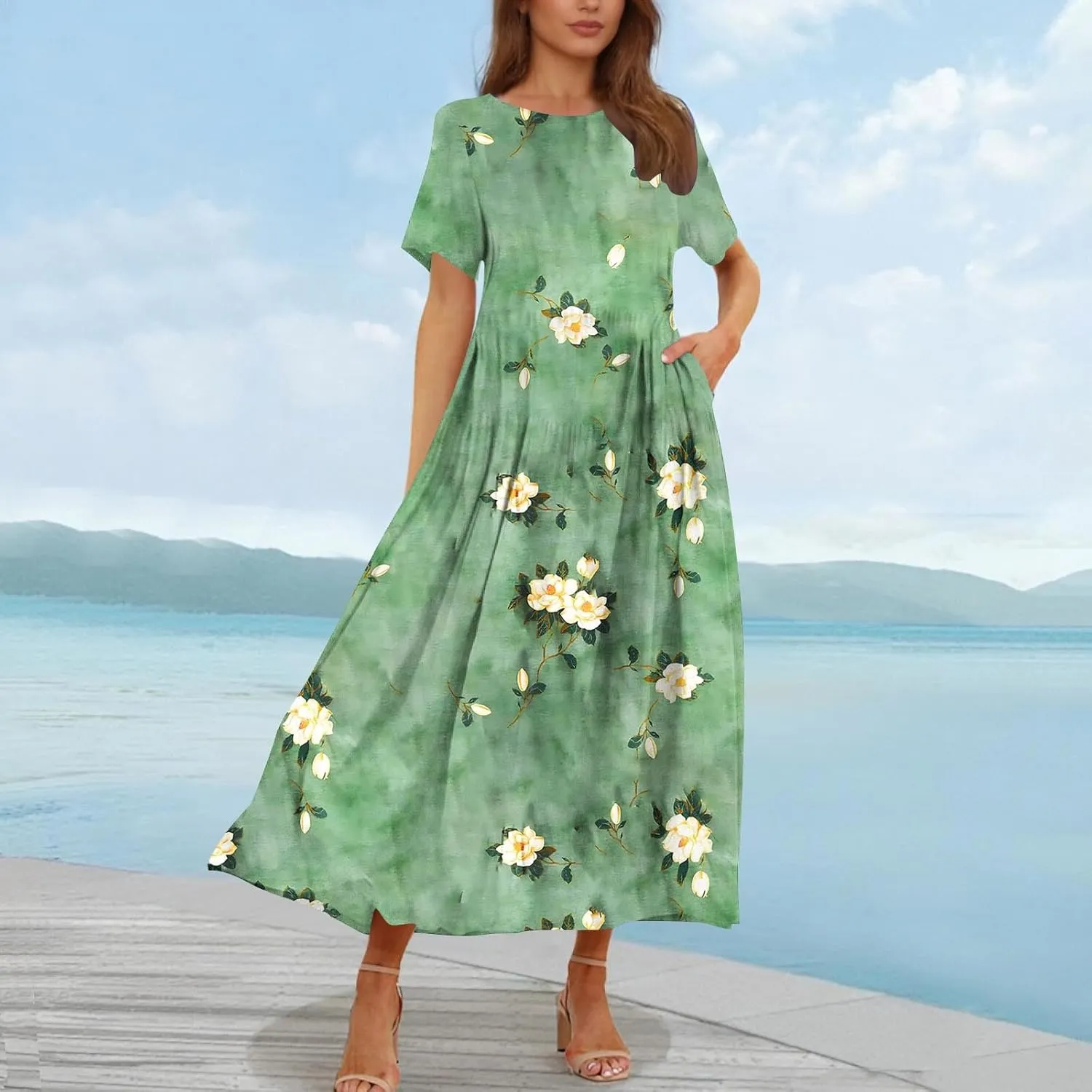 Women Floral Boho Dresses Casual Loose Flowy Sundress Short Sleeve Long Maxi 2025 Summer Beach Swing Dress