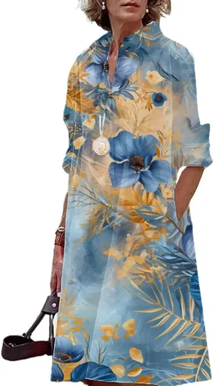 Women Long Sleeve Dresses MIdi Length Casual Graphic Print Elegant Shirt Dress Beach Vacation Party Midi Dress