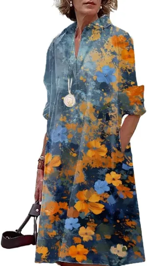 Women Long Sleeve Dresses MIdi Length Casual Graphic Print Elegant Shirt Dress Beach Vacation Party Midi Dress