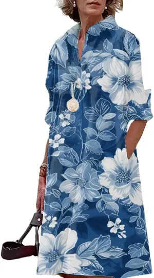 Women Long Sleeve Dresses MIdi Length Casual Graphic Print Elegant Shirt Dress Beach Vacation Party Midi Dress
