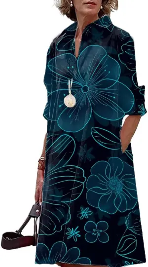 Women Long Sleeve Dresses MIdi Length Casual Graphic Print Elegant Shirt Dress Beach Vacation Party Midi Dress