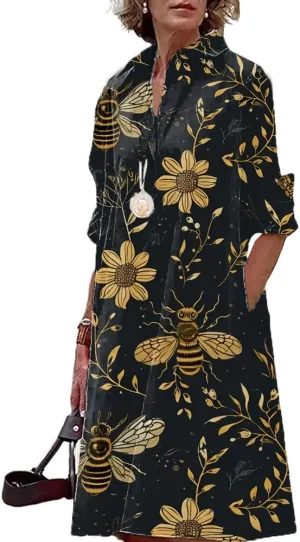 Women Long Sleeve Dresses MIdi Length Casual Graphic Print Elegant Shirt Dress Beach Vacation Party Midi Dress