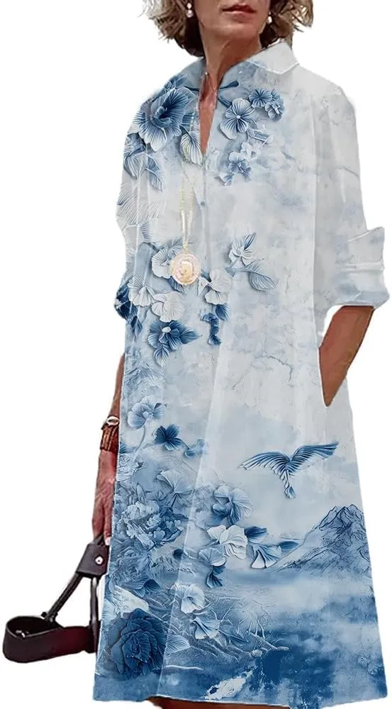 Women Long Sleeve Dresses MIdi Length Casual Graphic Print Elegant Shirt Dress Beach Vacation Party Midi Dress