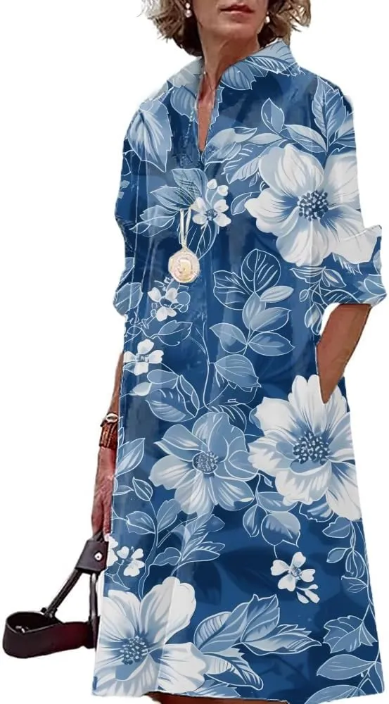 Women Long Sleeve Dresses MIdi Length Casual Graphic Print Elegant Shirt Dress Beach Vacation Party Midi Dress
