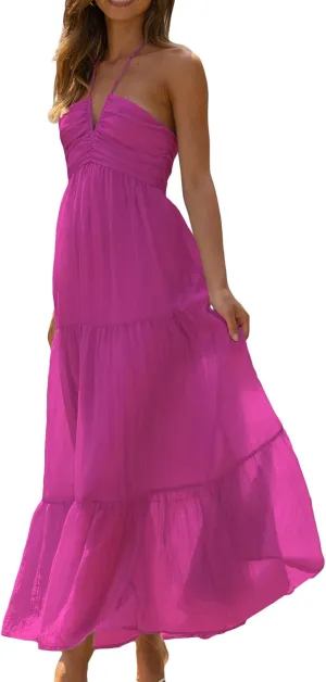 Women Low Cut Backless Maxi Dresses Elegant Spaghetti Strap Tiered Long Dress Relax Fit Open Back Cutout Flowy Sundress