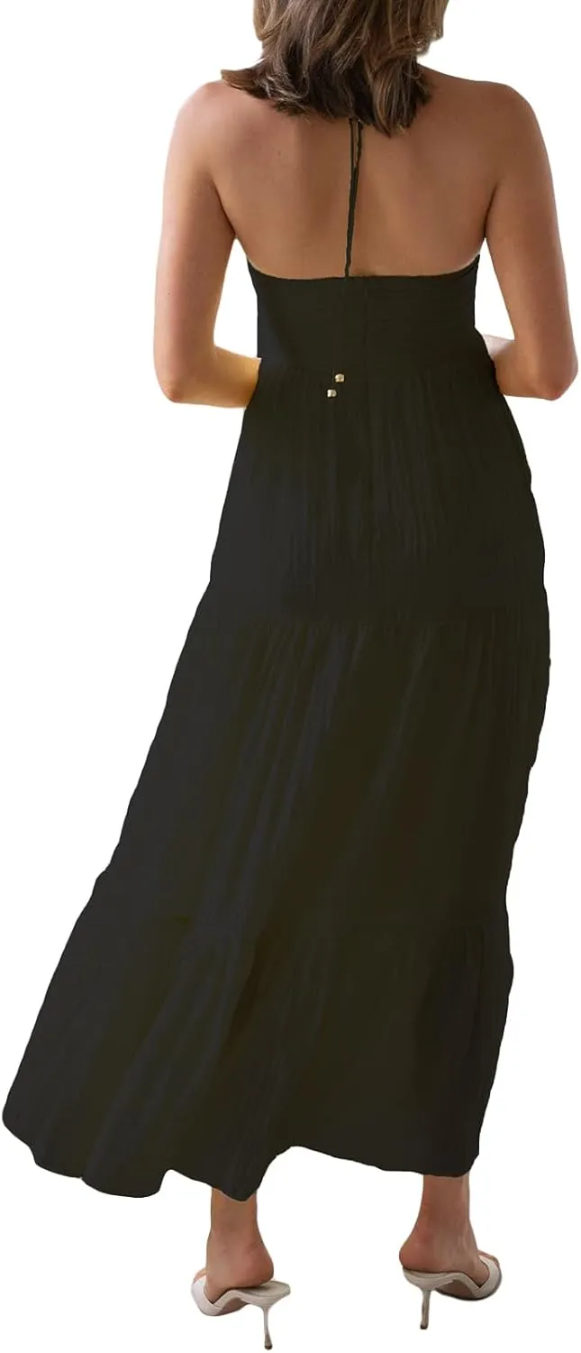 Women Low Cut Backless Maxi Dresses Elegant Spaghetti Strap Tiered Long Dress Relax Fit Open Back Cutout Flowy Sundress