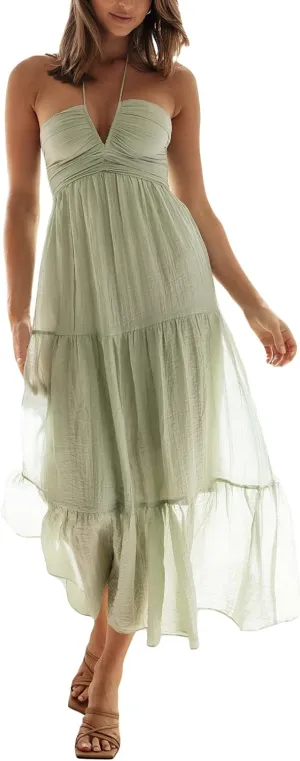 Women Low Cut Backless Maxi Dresses Elegant Spaghetti Strap Tiered Long Dress Relax Fit Open Back Cutout Flowy Sundress