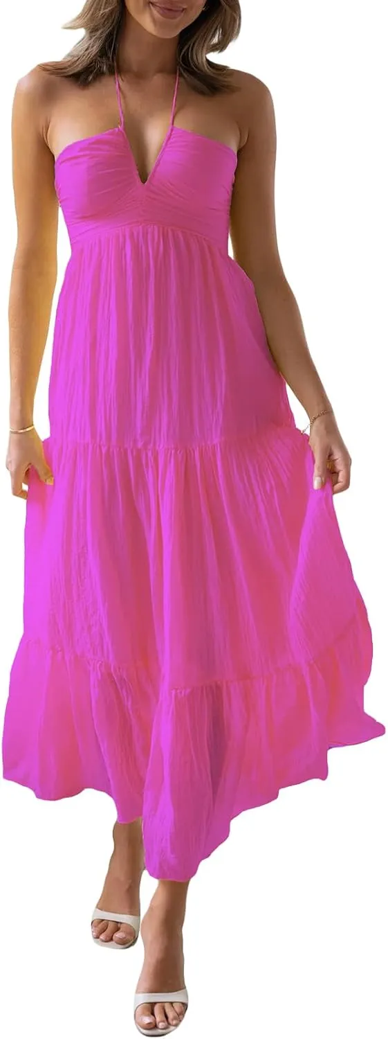 Women Low Cut Backless Maxi Dresses Elegant Spaghetti Strap Tiered Long Dress Relax Fit Open Back Cutout Flowy Sundress