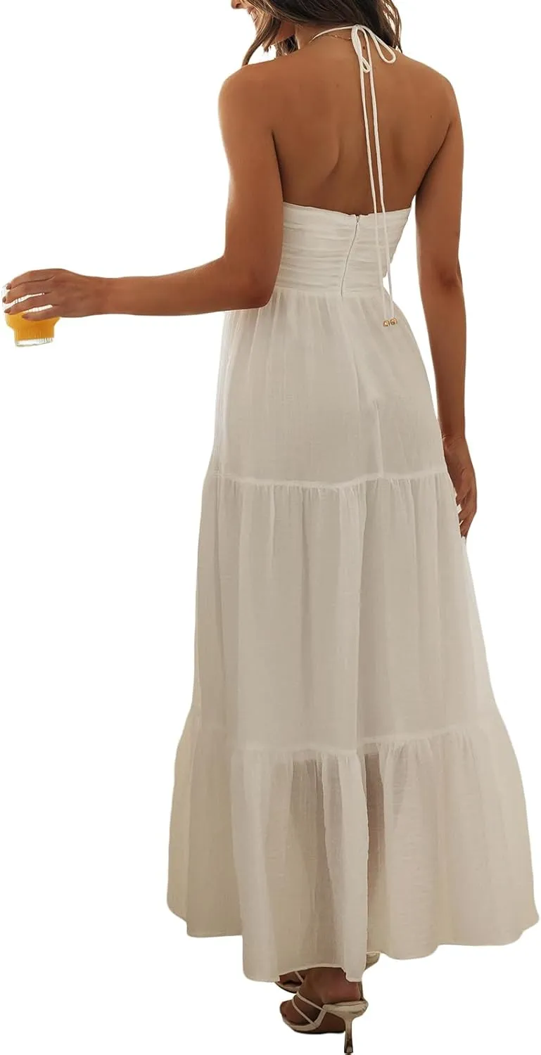 Women Low Cut Backless Maxi Dresses Elegant Spaghetti Strap Tiered Long Dress Relax Fit Open Back Cutout Flowy Sundress