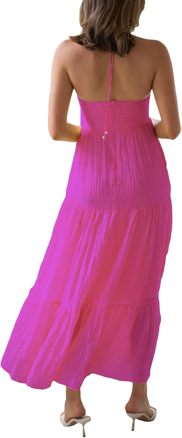 Women Low Cut Backless Maxi Dresses Elegant Spaghetti Strap Tiered Long Dress Relax Fit Open Back Cutout Flowy Sundress