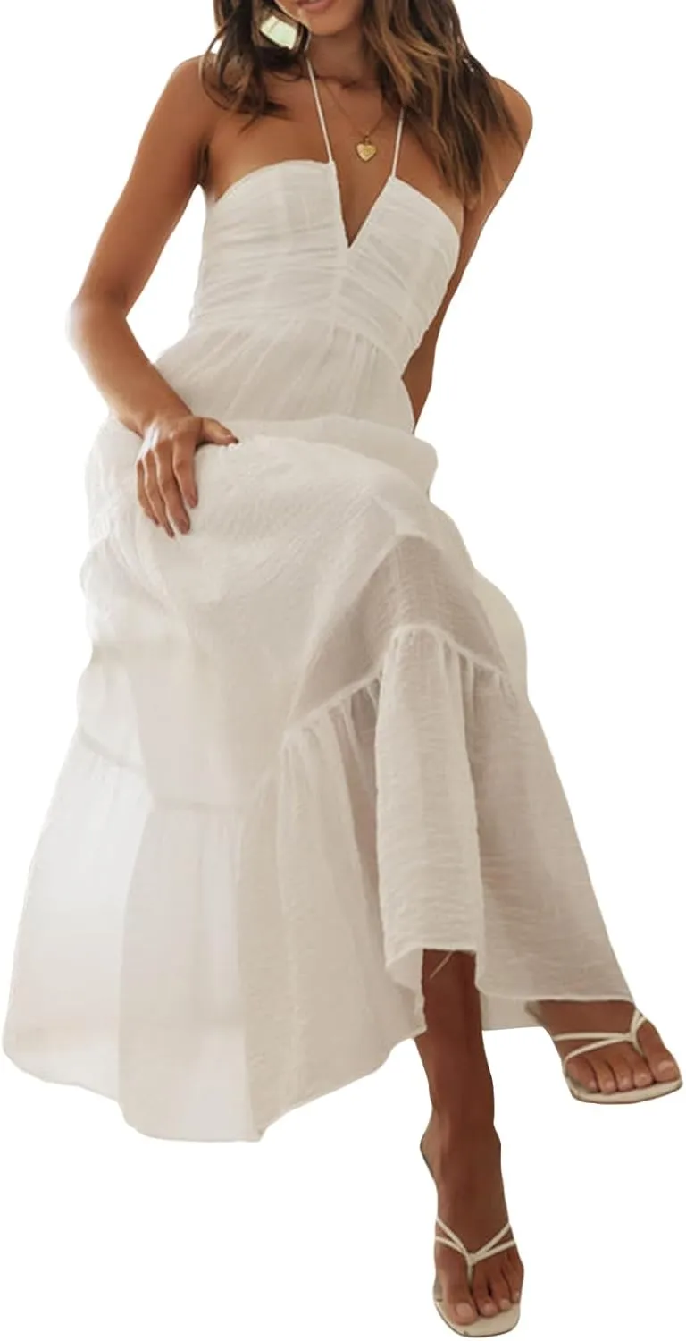 Women Low Cut Backless Maxi Dresses Elegant Spaghetti Strap Tiered Long Dress Relax Fit Open Back Cutout Flowy Sundress