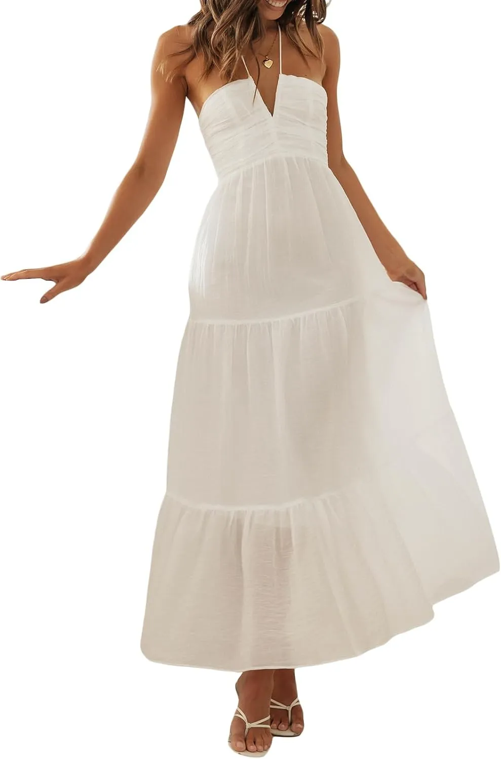Women Low Cut Backless Maxi Dresses Elegant Spaghetti Strap Tiered Long Dress Relax Fit Open Back Cutout Flowy Sundress