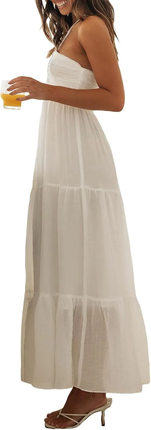 Women Low Cut Backless Maxi Dresses Elegant Spaghetti Strap Tiered Long Dress Relax Fit Open Back Cutout Flowy Sundress