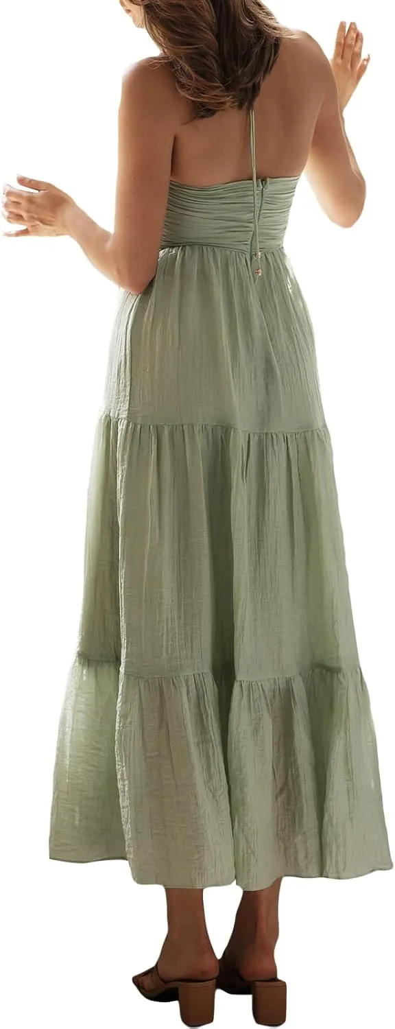 Women Low Cut Backless Maxi Dresses Elegant Spaghetti Strap Tiered Long Dress Relax Fit Open Back Cutout Flowy Sundress