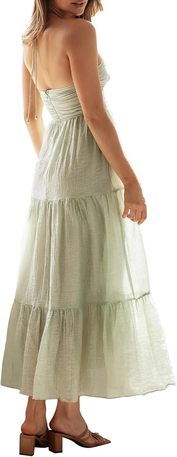 Women Low Cut Backless Maxi Dresses Elegant Spaghetti Strap Tiered Long Dress Relax Fit Open Back Cutout Flowy Sundress