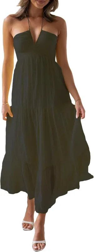 Women Low Cut Backless Maxi Dresses Elegant Spaghetti Strap Tiered Long Dress Relax Fit Open Back Cutout Flowy Sundress