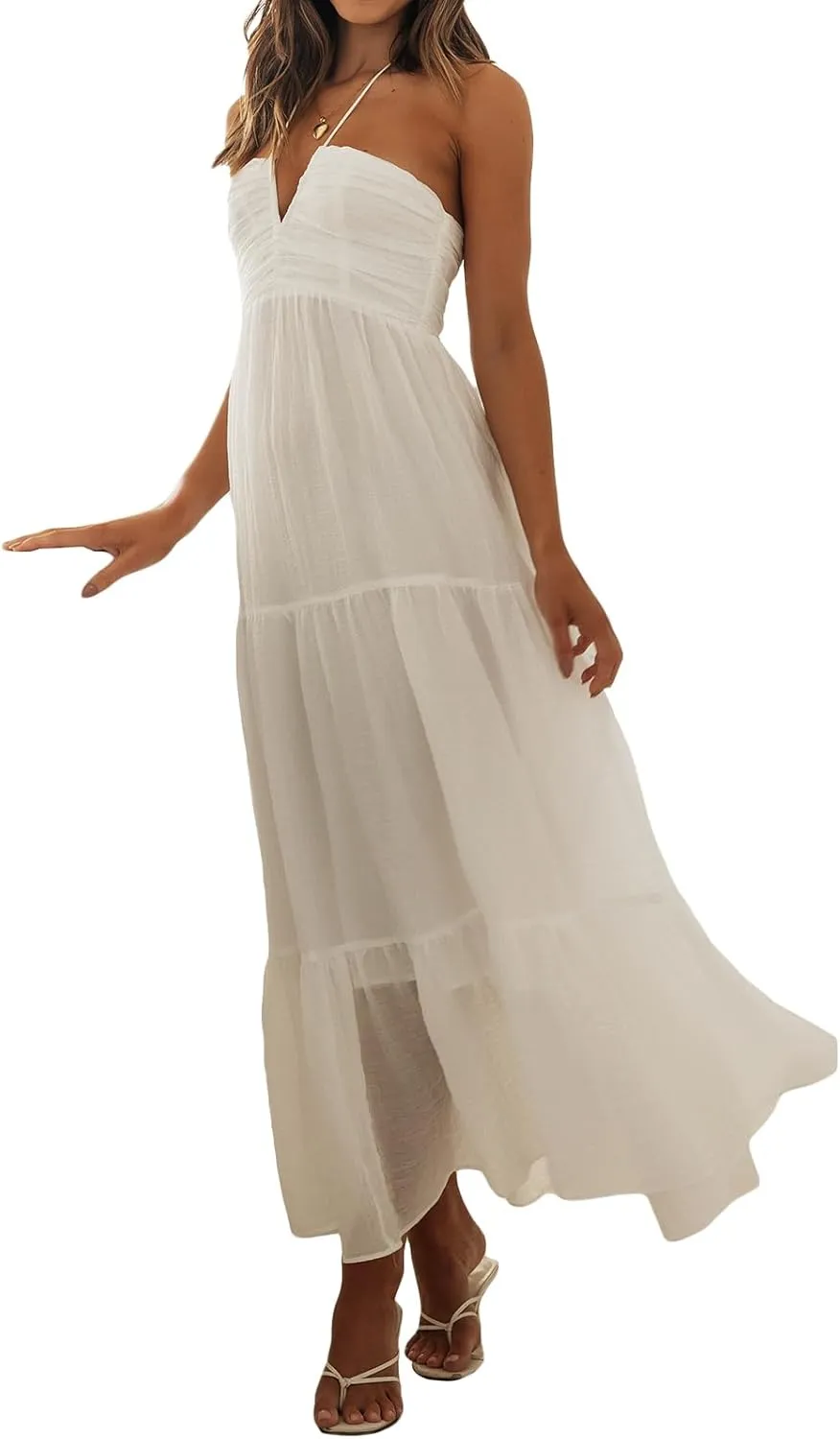 Women Low Cut Backless Maxi Dresses Elegant Spaghetti Strap Tiered Long Dress Relax Fit Open Back Cutout Flowy Sundress