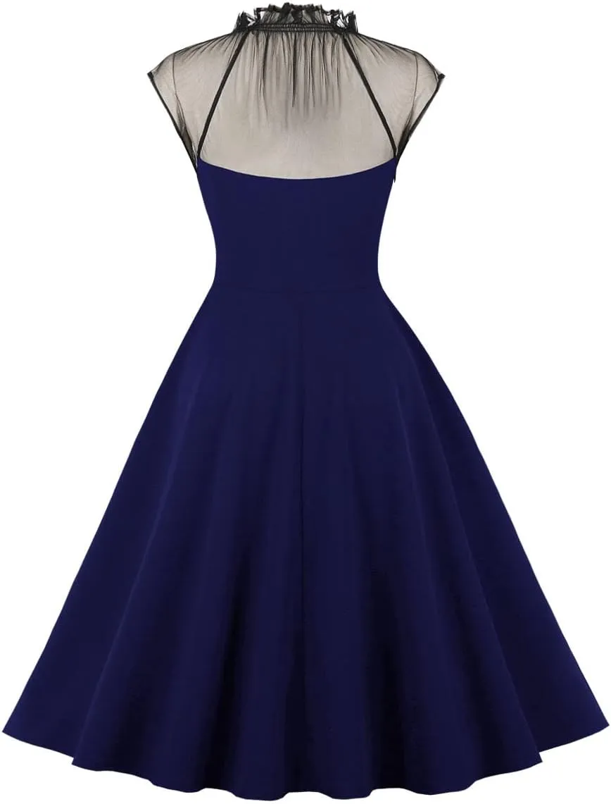 Women Mesh Floral Embroidery Vintage Cocktail Swing Dress Illusion 50s Goth Flared A line Casual Wedding Prom Evening Dress