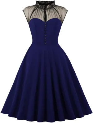 Women Mesh Floral Embroidery Vintage Cocktail Swing Dress Illusion 50s Goth Flared A line Casual Wedding Prom Evening Dress