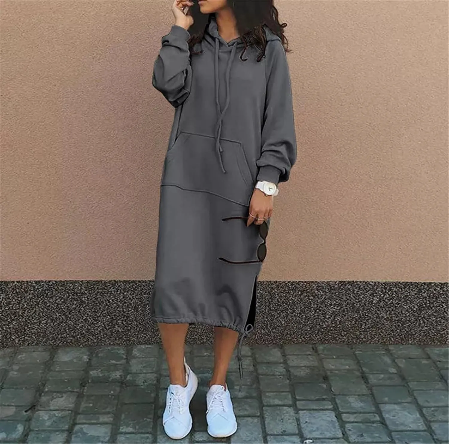Women Oversized Long Hoodie Dress Pullover Winter Kangaroo Pocket Sweatshirt Casual Tops Loungewear