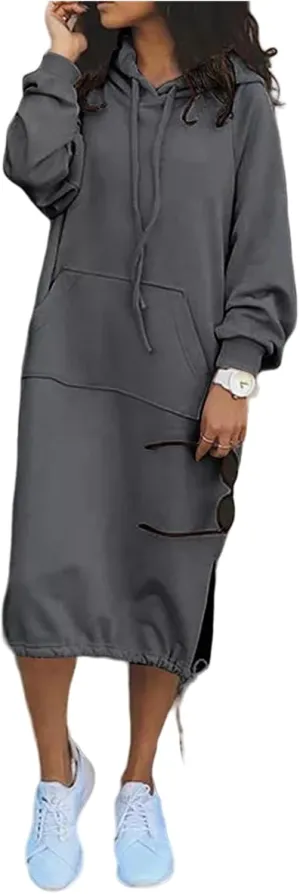 Women Oversized Long Hoodie Dress Pullover Winter Kangaroo Pocket Sweatshirt Casual Tops Loungewear