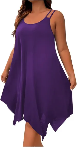 Women Plus Size Midi Dresses Trendy Irregular Hem Sleeveless Crewneck Loose Comfy Tank Dress Summer Beach Sundress