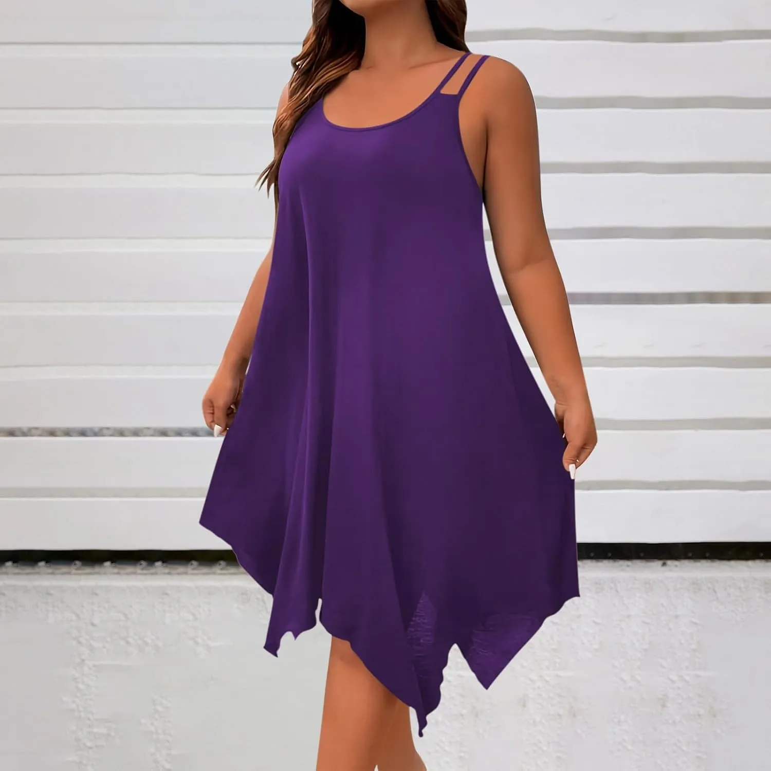 Women Plus Size Midi Dresses Trendy Irregular Hem Sleeveless Crewneck Loose Comfy Tank Dress Summer Beach Sundress