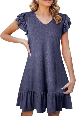Women Ruffle Trim Mini Dress Dressy Casual V Neck T Shirt Dresses Summer Trendy Beach Sundress Pleated