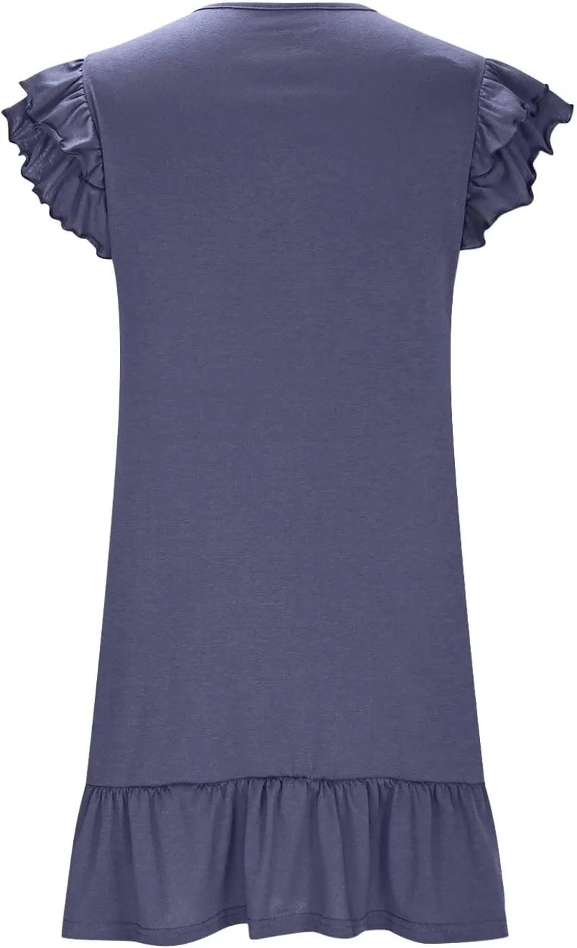 Women Ruffle Trim Mini Dress Dressy Casual V Neck T Shirt Dresses Summer Trendy Beach Sundress Pleated