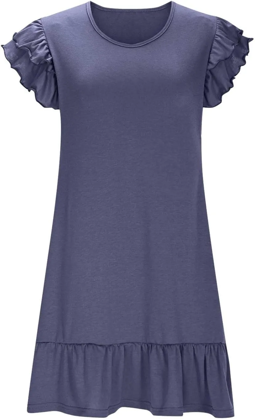 Women Ruffle Trim Mini Dress Dressy Casual V Neck T Shirt Dresses Summer Trendy Beach Sundress Pleated