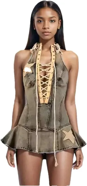 Women Sleeveless Bandage Design Denim Retro Do Old Mini Jeans Dresses