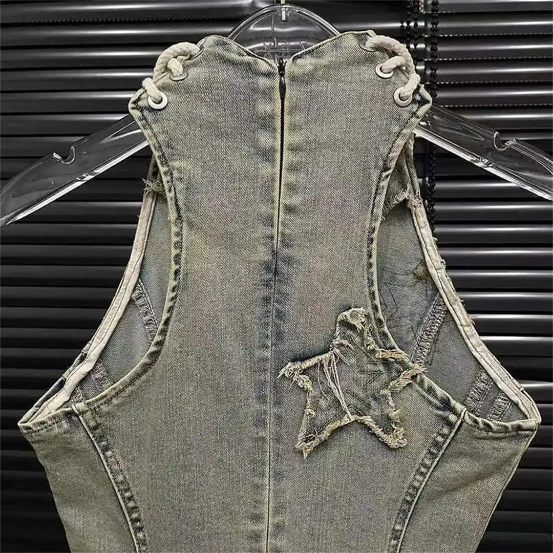 Women Sleeveless Bandage Design Denim Retro Do Old Mini Jeans Dresses
