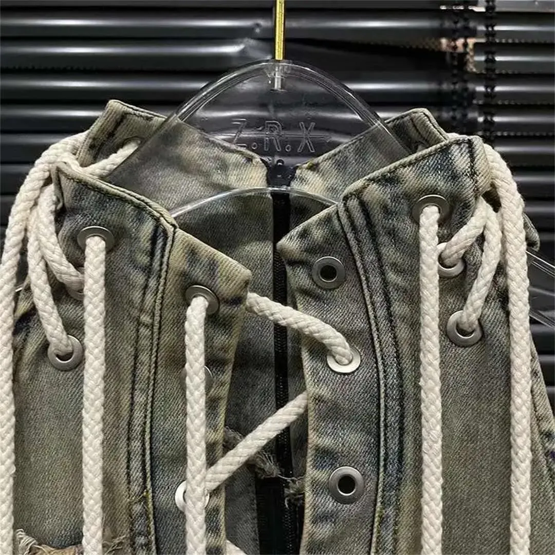 Women Sleeveless Bandage Design Denim Retro Do Old Mini Jeans Dresses